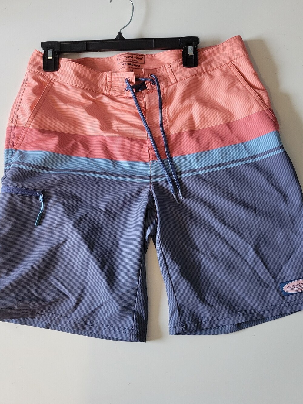Vineyard Vines Performance Coral and Blue Stripe Board Shorts 32